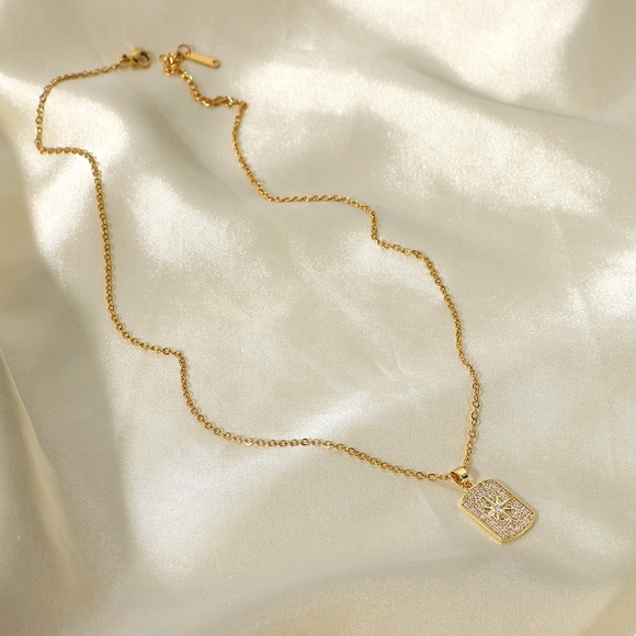 Stainless Steel Eight-Pointed Star Simulated Diamond Gold Pendant Necklace - Picture 2 of 5